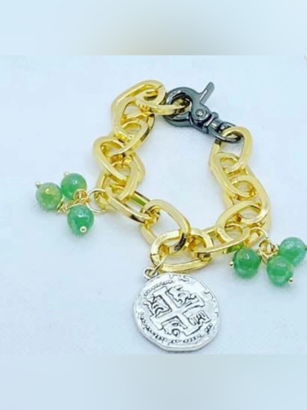 Gold Chain Bracelet with Green Bead Charms and Silver Coin Pendant